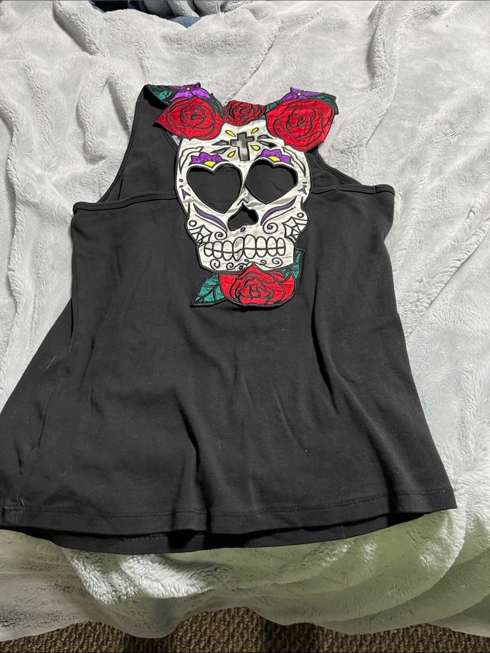 Hell Bunny Black Tank Top with Sugar Skull & Red Rose Appliqué